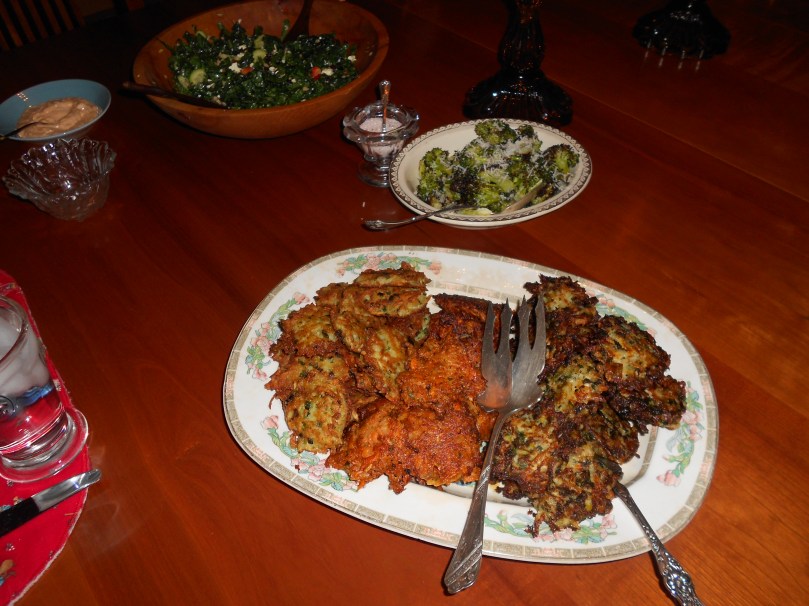 Here's the spread:  3 kinds of latkes, plus some roasted broccoli, and a kale salad!