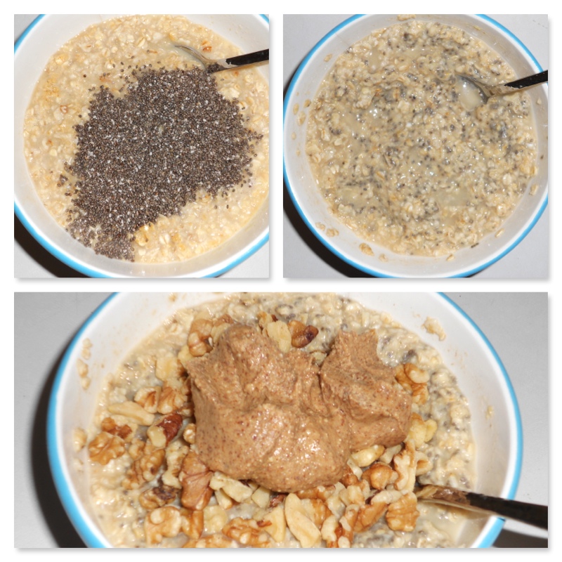 Chia seeds on top, mixed in, then some almond butter and walnuts and it's a meal!